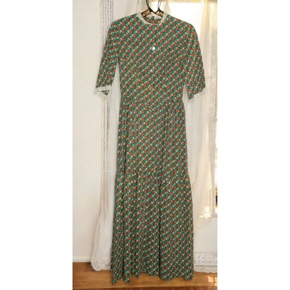Handmade 70s Prairie Green Floral Cottagecore Farm Dress Lace Trim Button - Picture 7 of 16